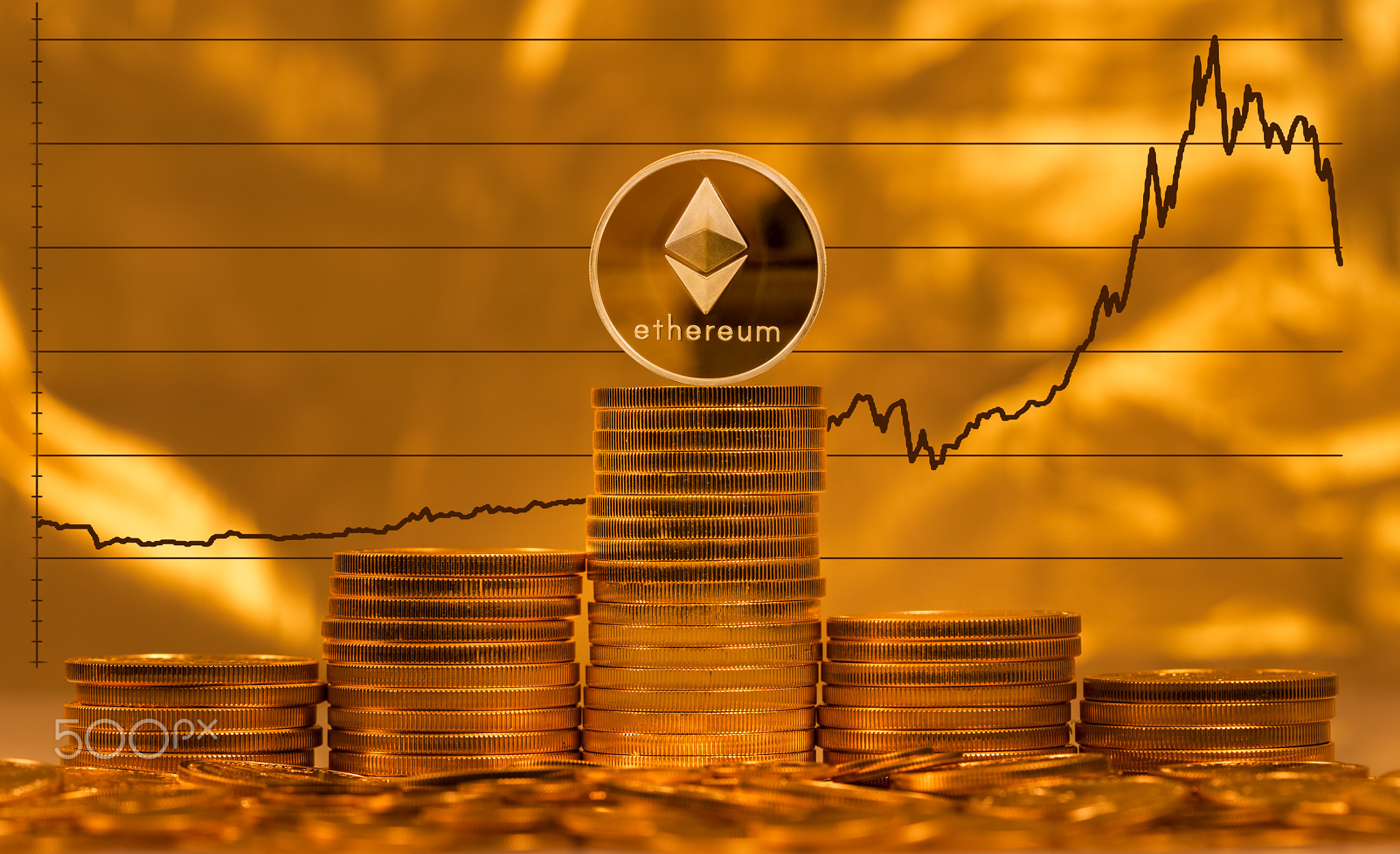 Ethereum coin against background of price graph