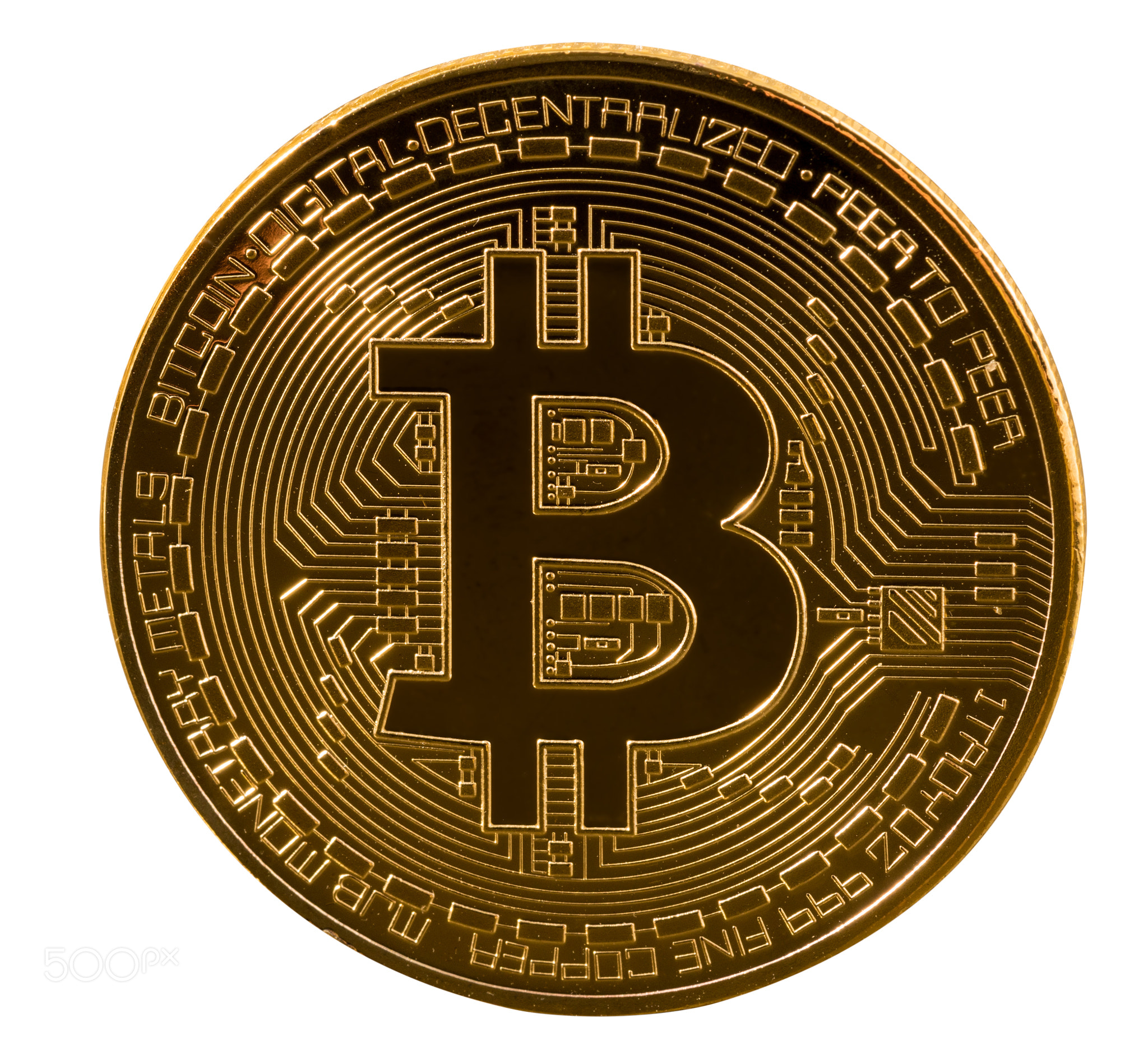 Single bitcoin macro image isolated against white