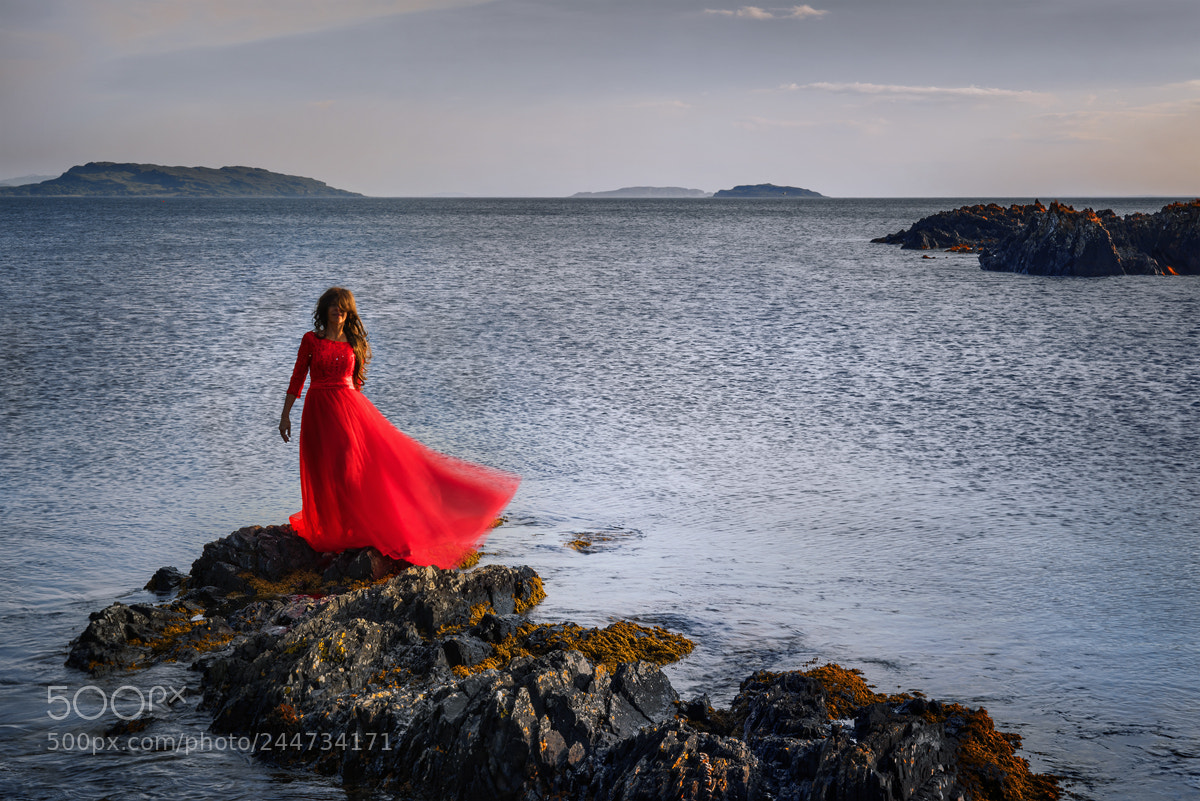 Sony a7R sample photo. Hebrides red dress photography