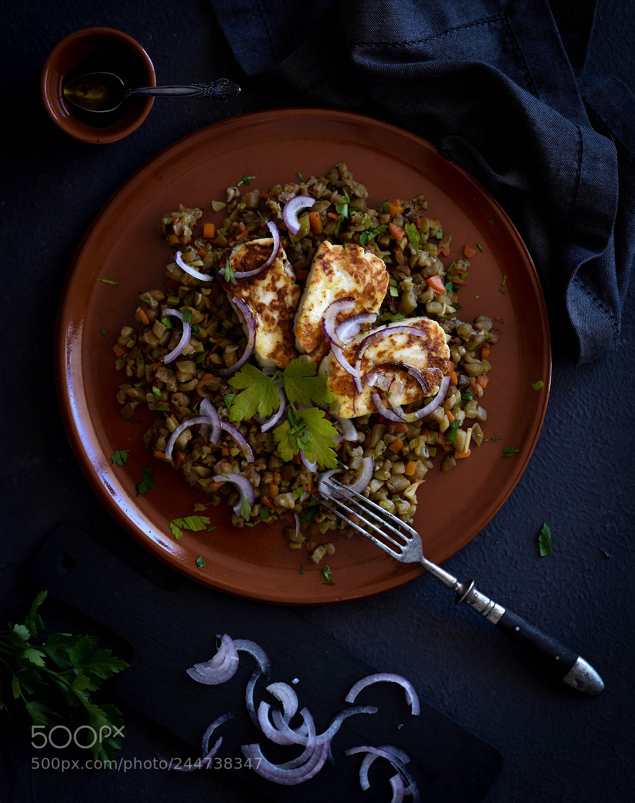 Nikon D5600 sample photo. Eggplant lentils with halloumi photography