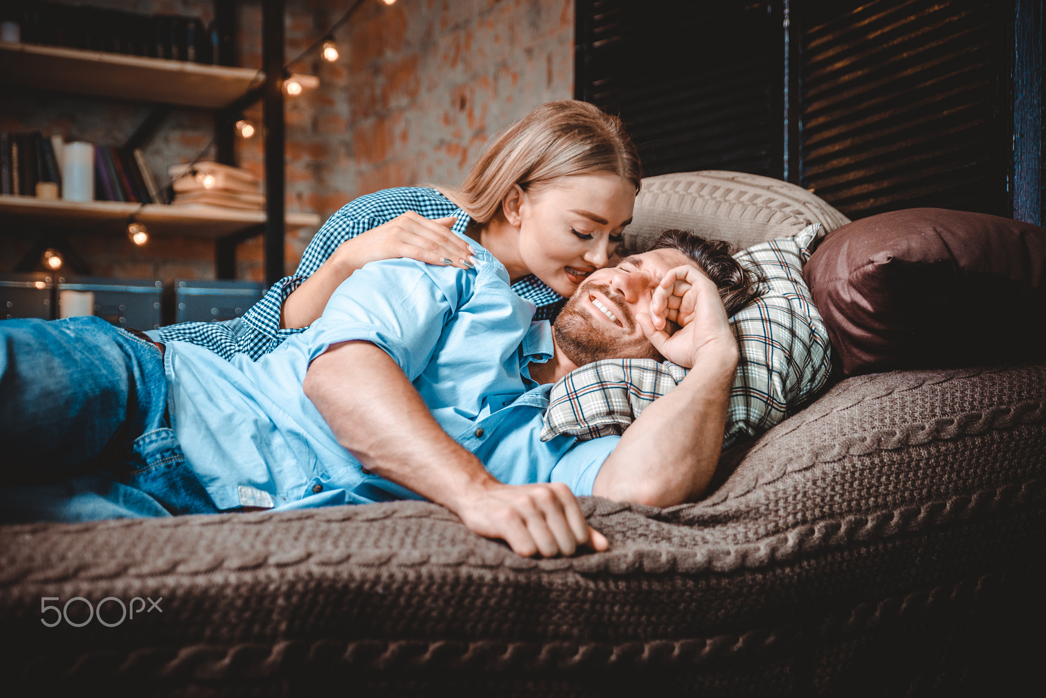 Couple moments in the bedroom. Domestic life home