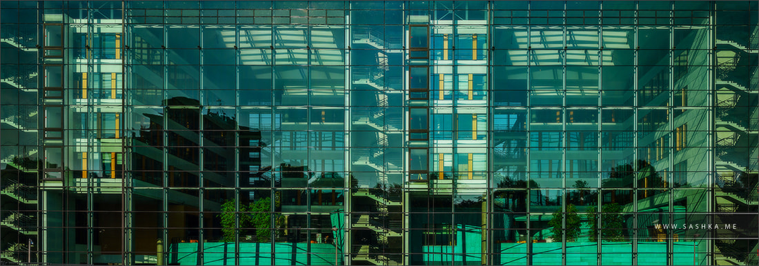 Comfortable office building panoramic view through the glass wal