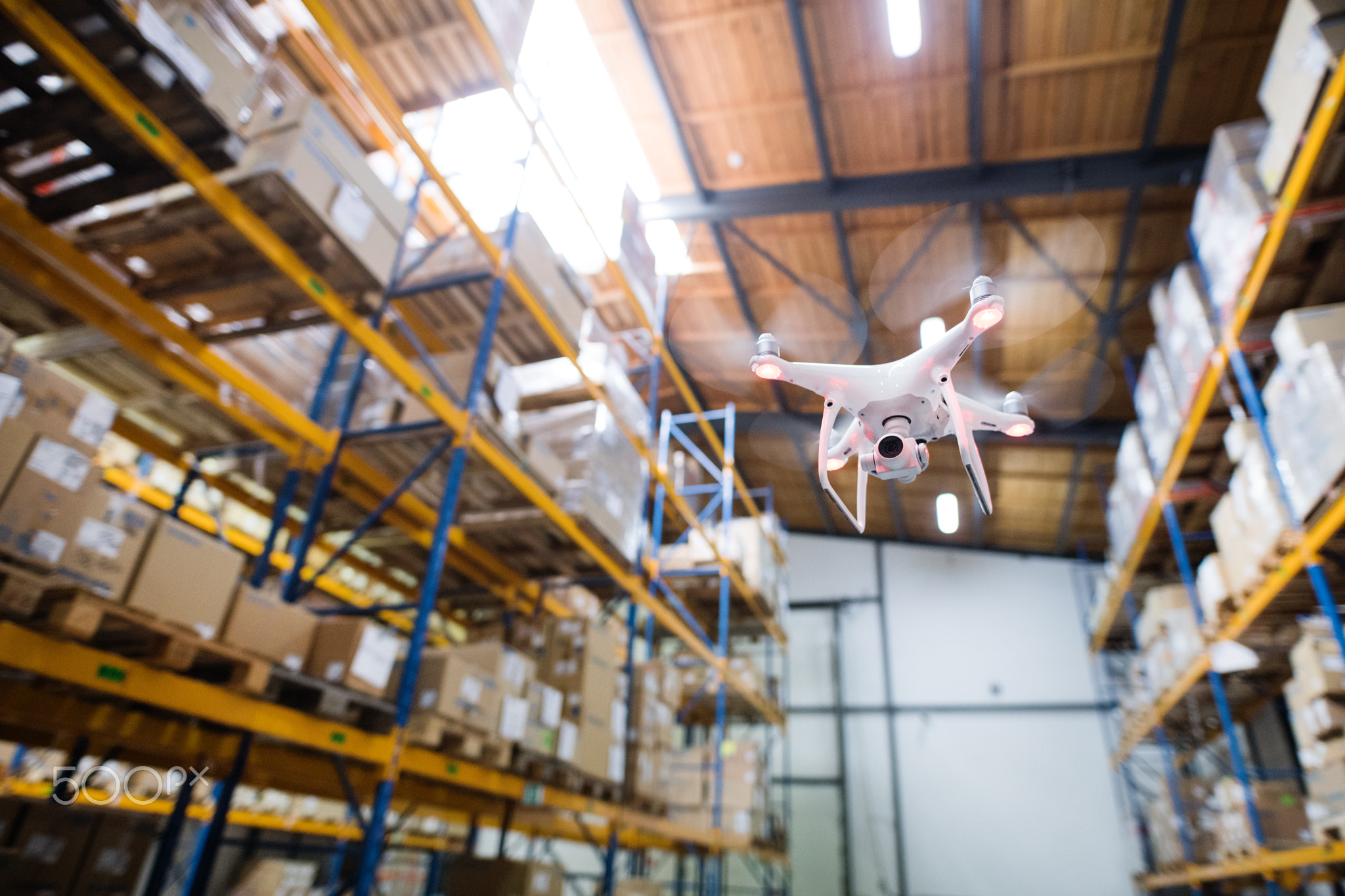 Drone flying inside the warehouse.