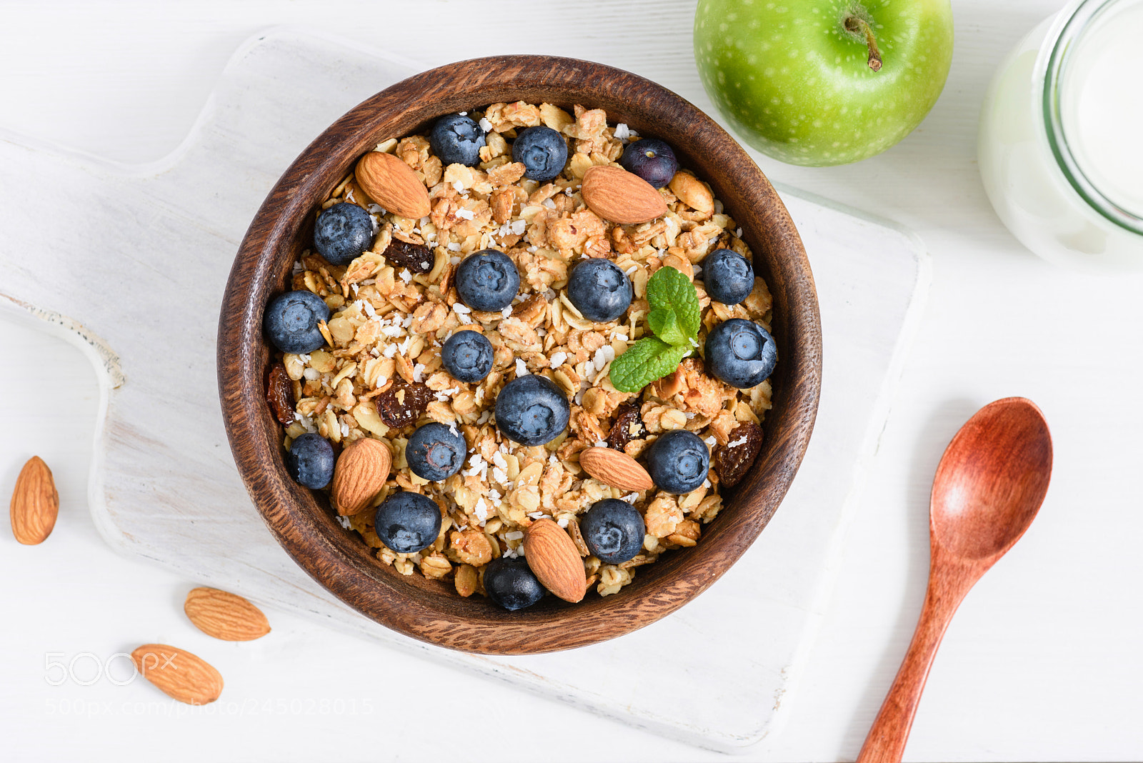 Nikon D810 sample photo. Granola, milk and green photography