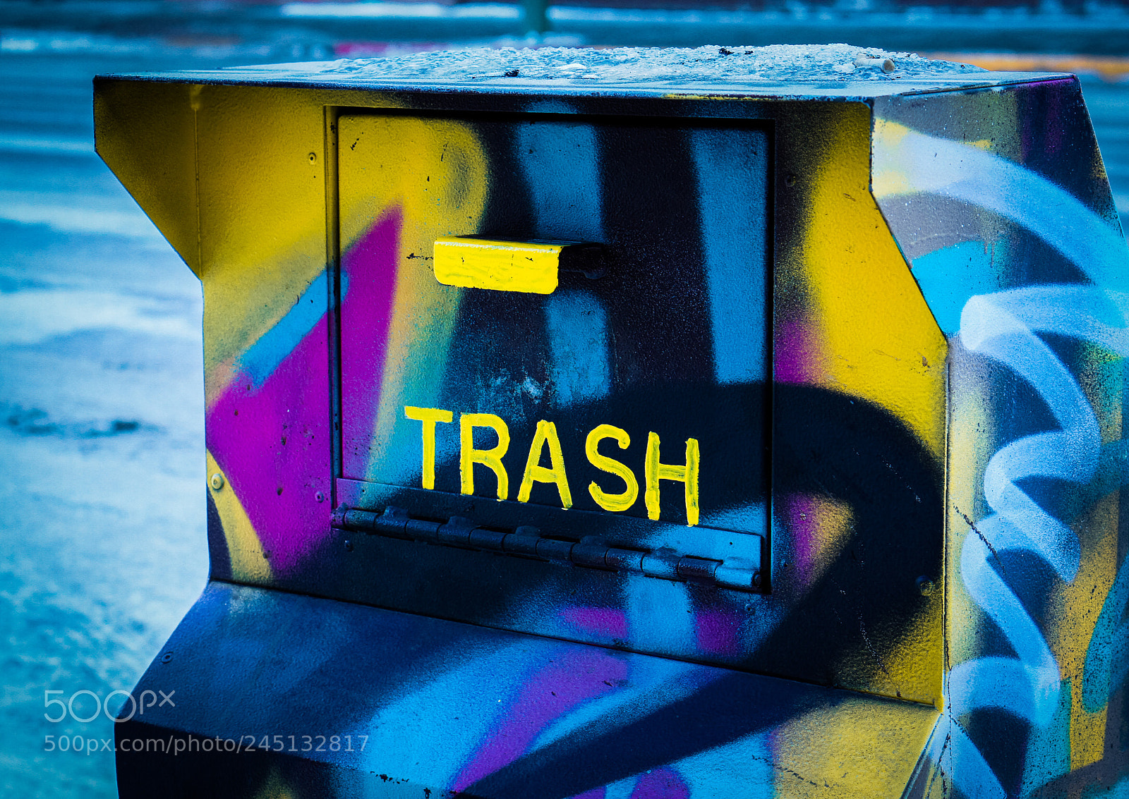 Sony Alpha NEX-5 sample photo. Colorful, frozen trash receptacle photography