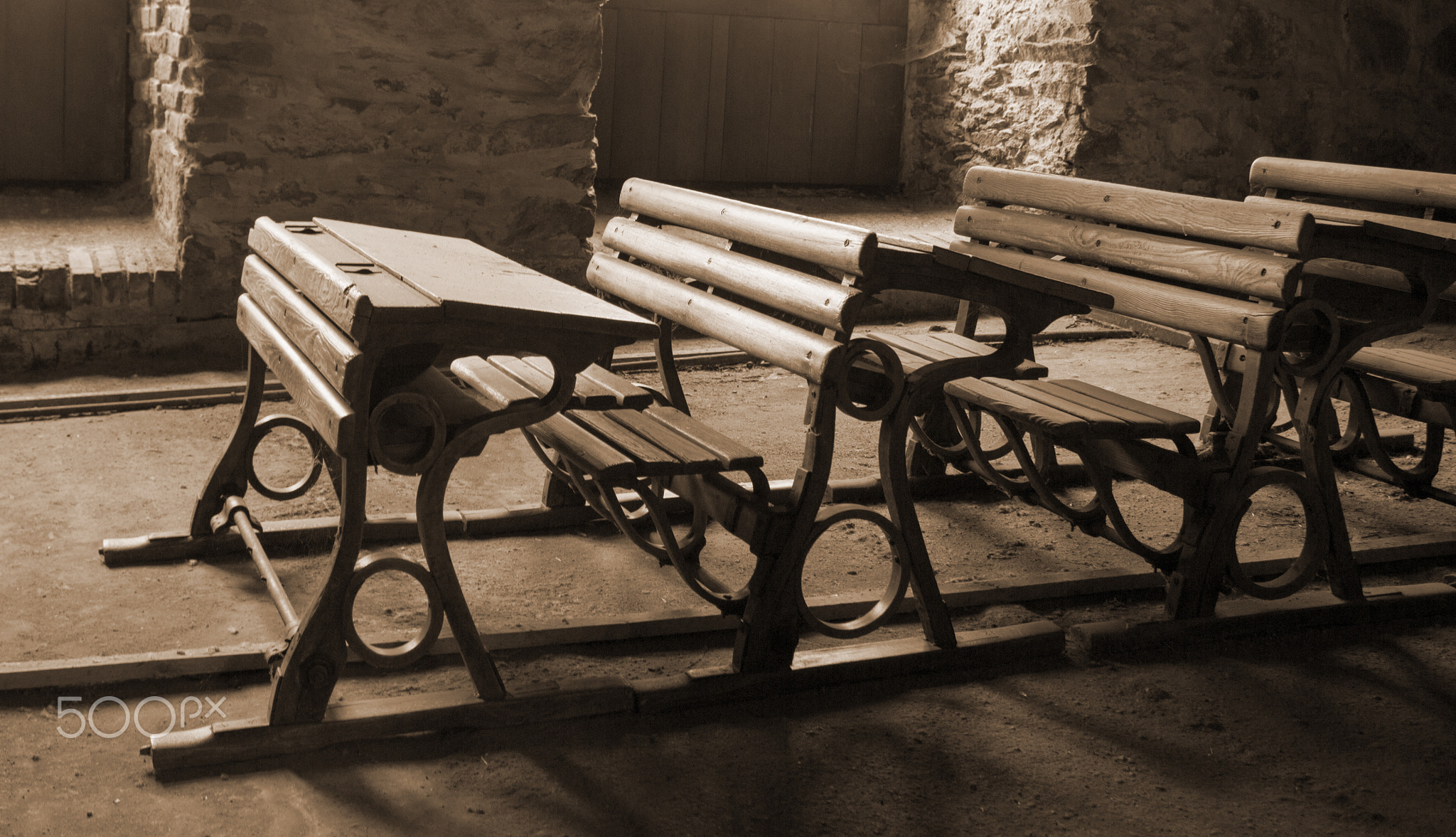 Old dusty pupils' benches