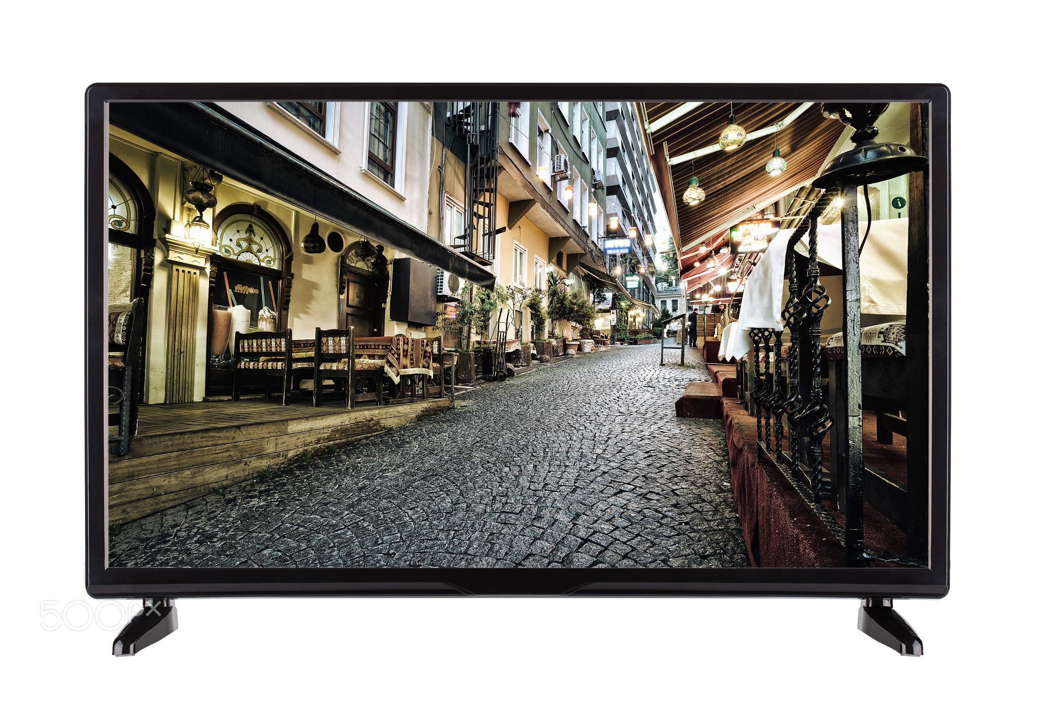 A high-definition TV with street picture of the city