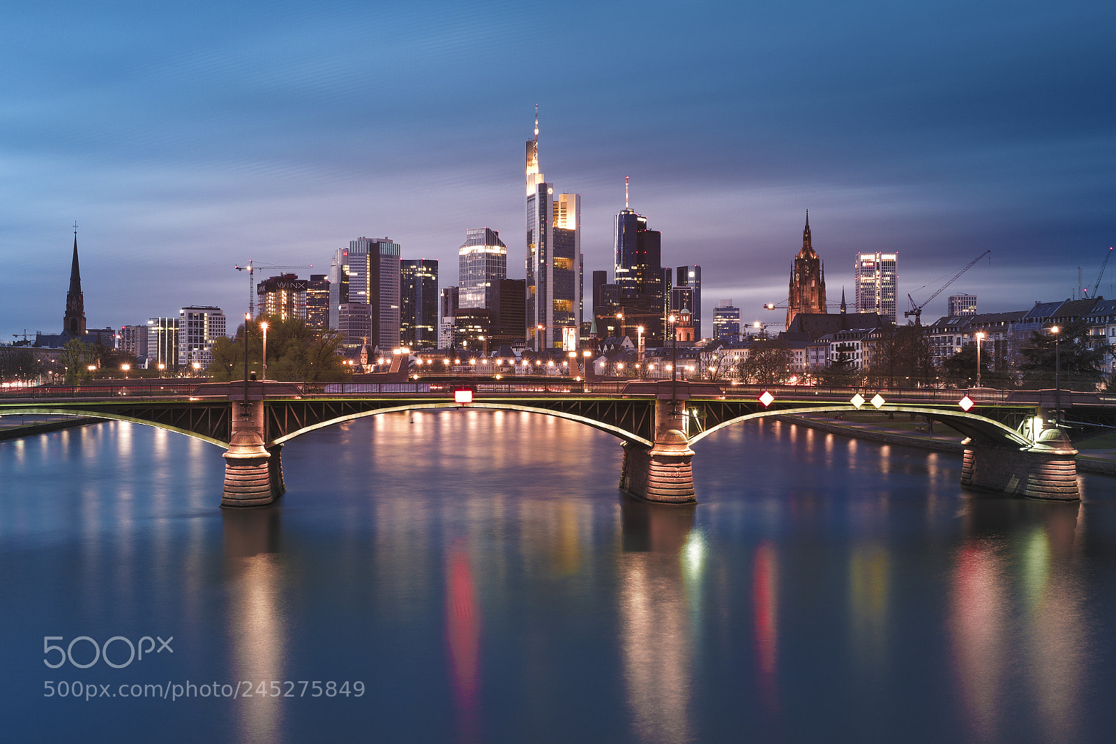 Olympus OM-D E-M5 II sample photo. Frankfurt skyline by nightfall photography