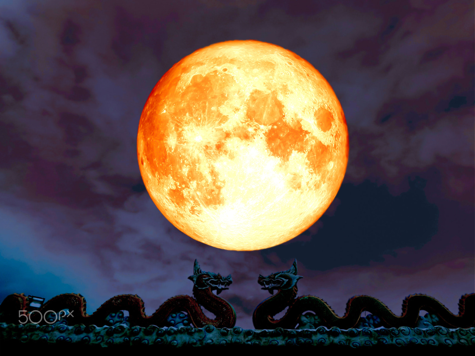 Samsung WB250F/WB251F/WB252F sample photo. Double dragen on roof full blood moon night sky photography
