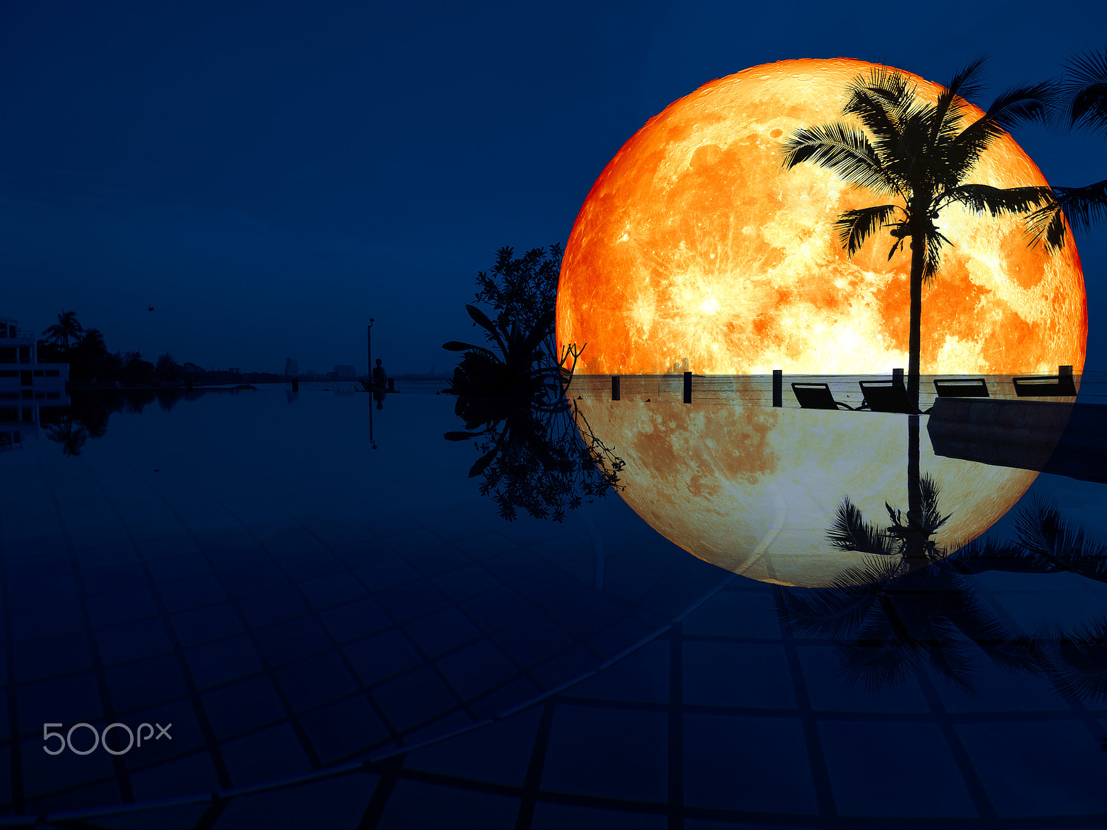 Samsung WB250F/WB251F/WB252F sample photo. Super full blood moon reflection coconut swimming pool photography