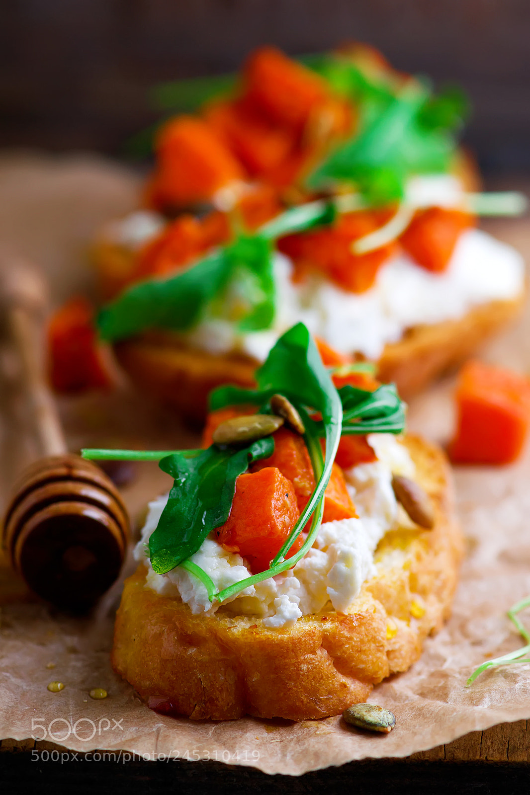 Nikon D3100 sample photo. Pumpkin .ricotta, arugula bruschetta.selective photography