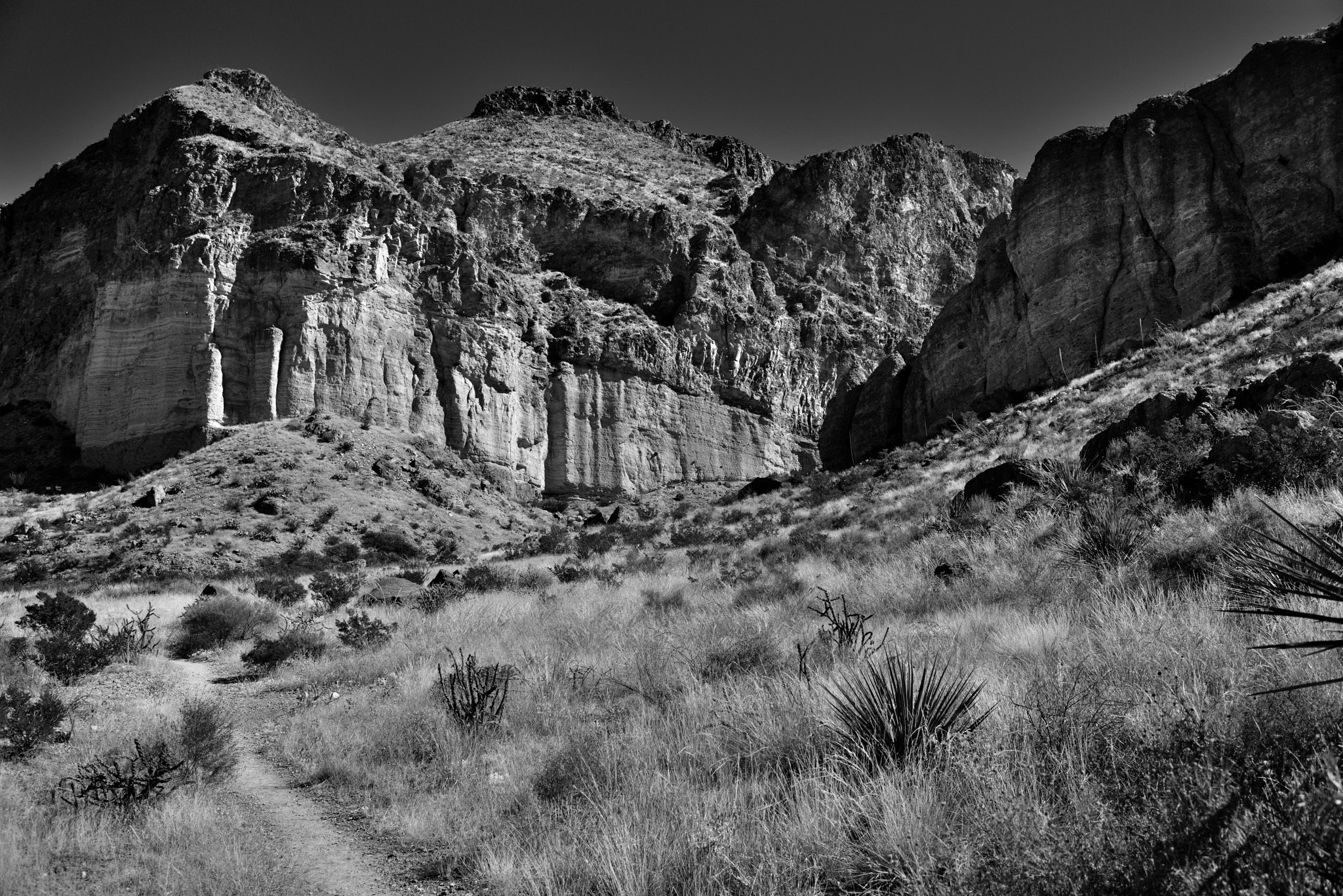 Nikon D800E + Nikon AF-S Nikkor 24-120mm F4G ED VR sample photo. A trail towards lower burro mesa (black & white) photography