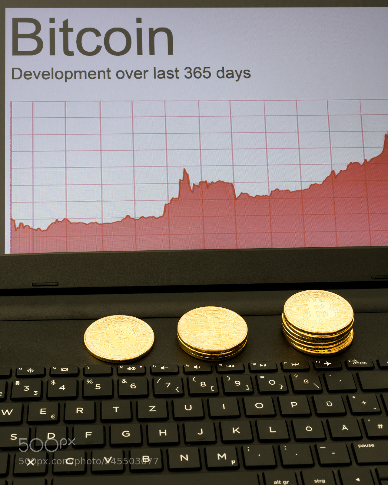 Nikon D810 sample photo. Bitcoins and rising chart photography