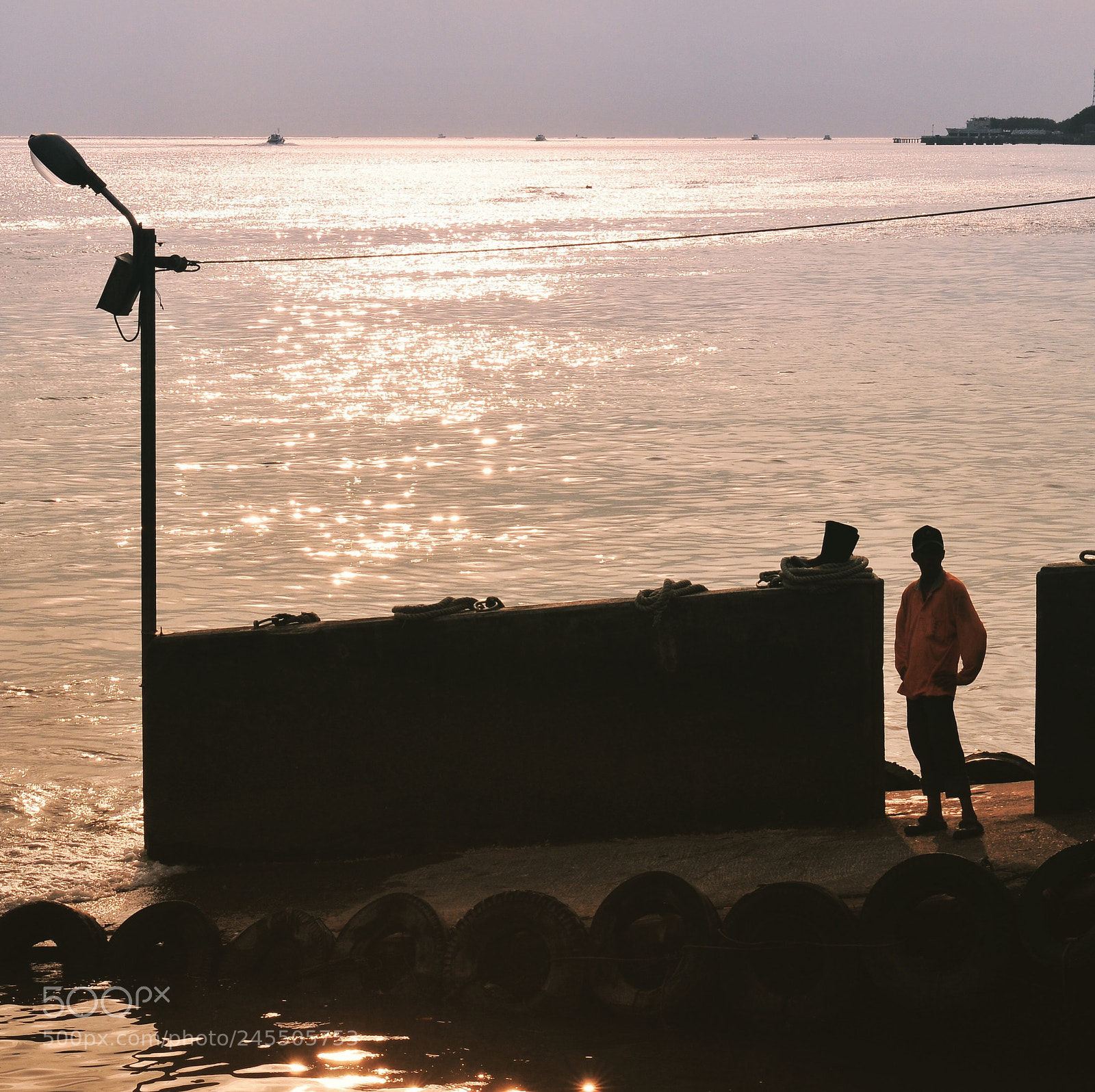 Nikon D300 sample photo. 在金黃夕陽跳耀的渡船碼頭，工作人員神色自若的等待靠岸的渡輪 photography