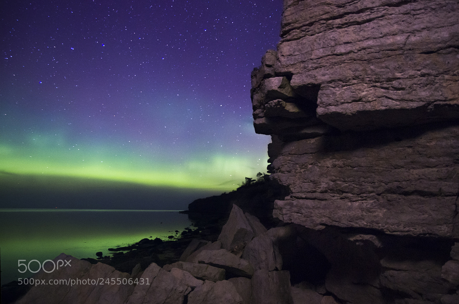 Pentax K-5 sample photo. Aurora vs rocky seaside photography