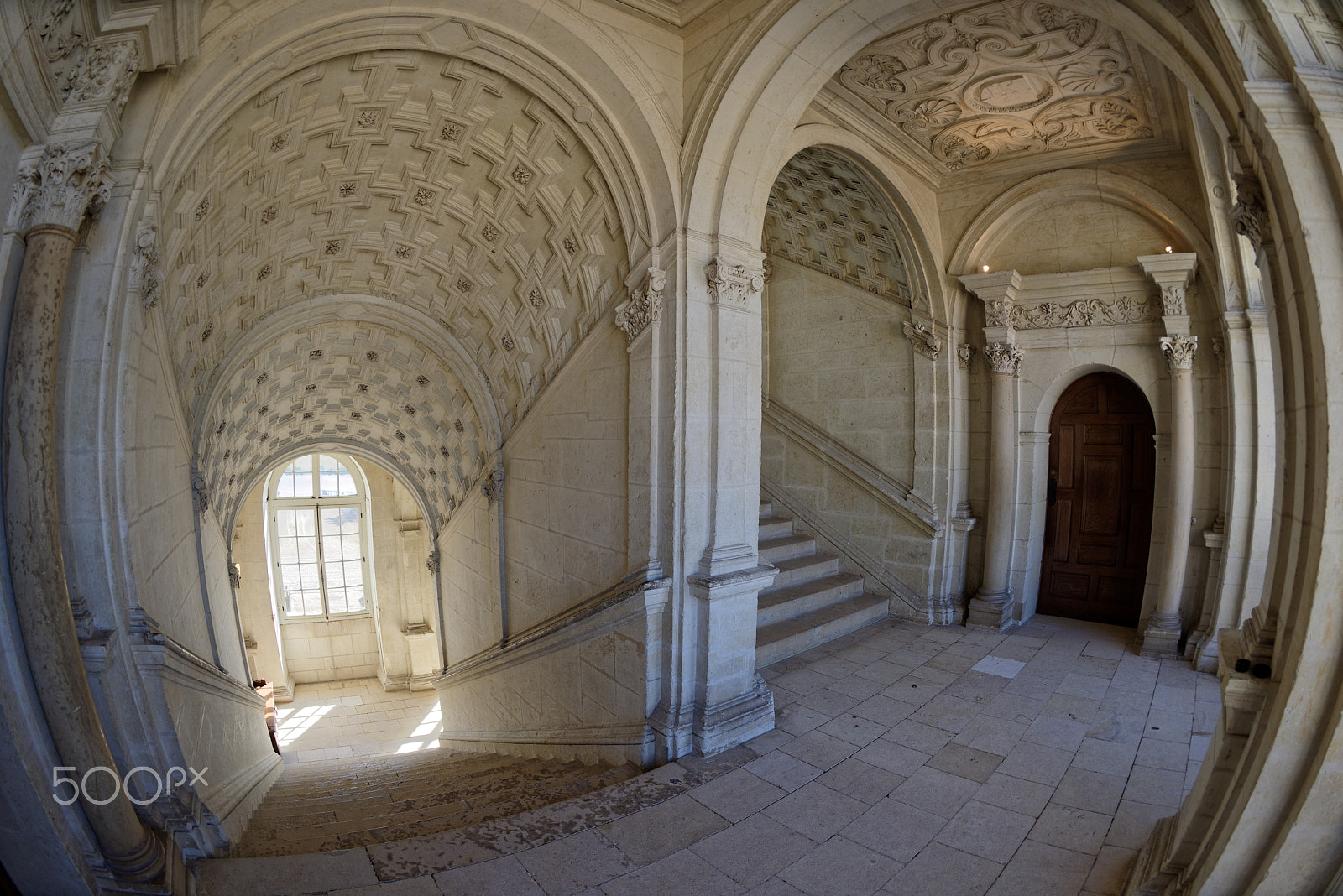 Nikon AF Fisheye-Nikkor 16mm F2.8D sample photo. Saint-georges-sur-loire, chateau de serrant, stiegenhaus, fisheye photography