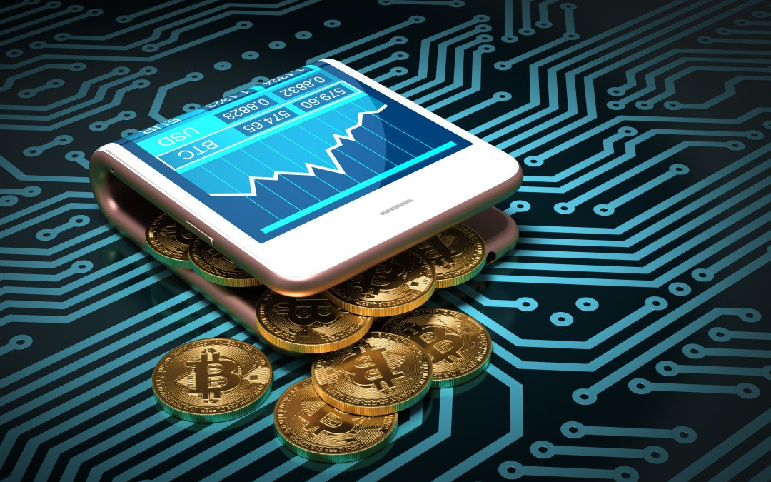 Concept Of Digital Wallet And Bitcoins On Printed Circuit Board. Bitcoins Spill Out Of The Pink...