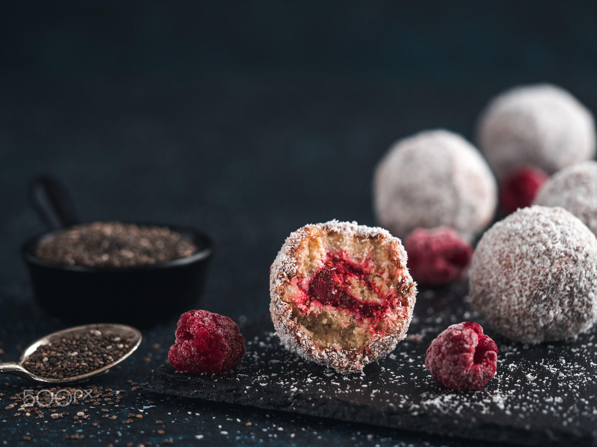 Raw lamington bliss balls with raspberries chia jam