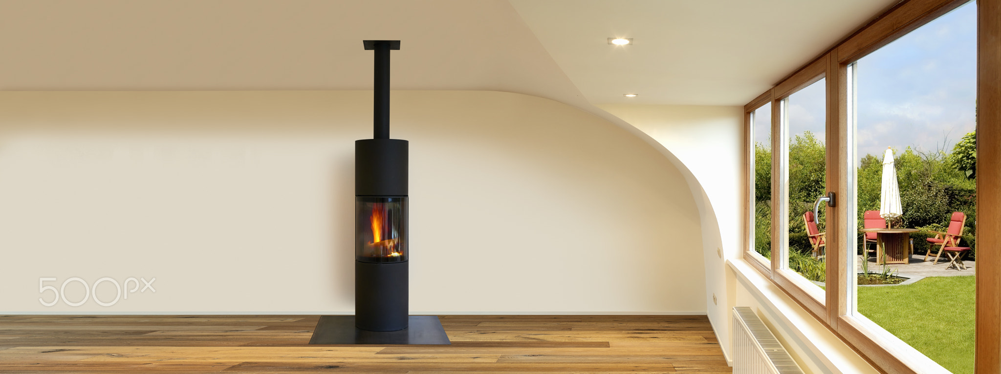 Panoramic Modern renovated interior with wooden floor