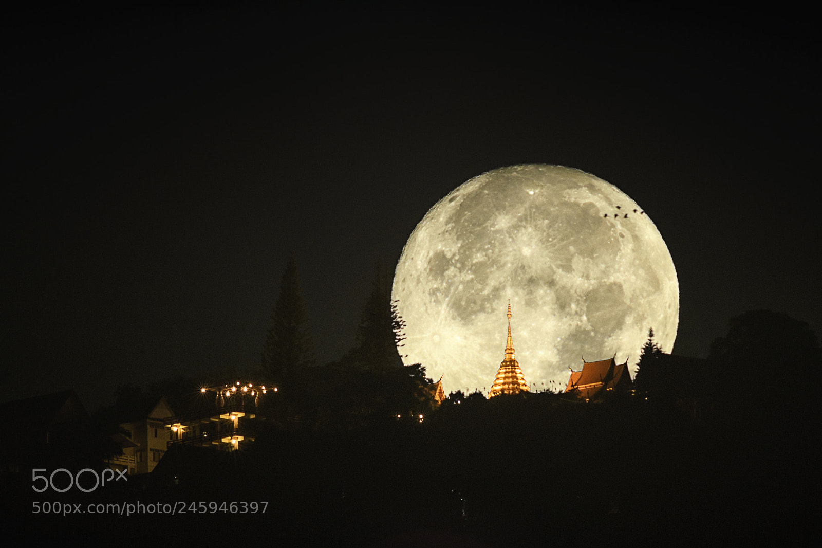 Nikon D500 sample photo. Moonset behind doisuthep buddhist photography