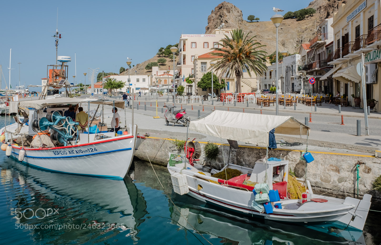 Fujifilm X70 sample photo. Moored fishing boats myrina photography