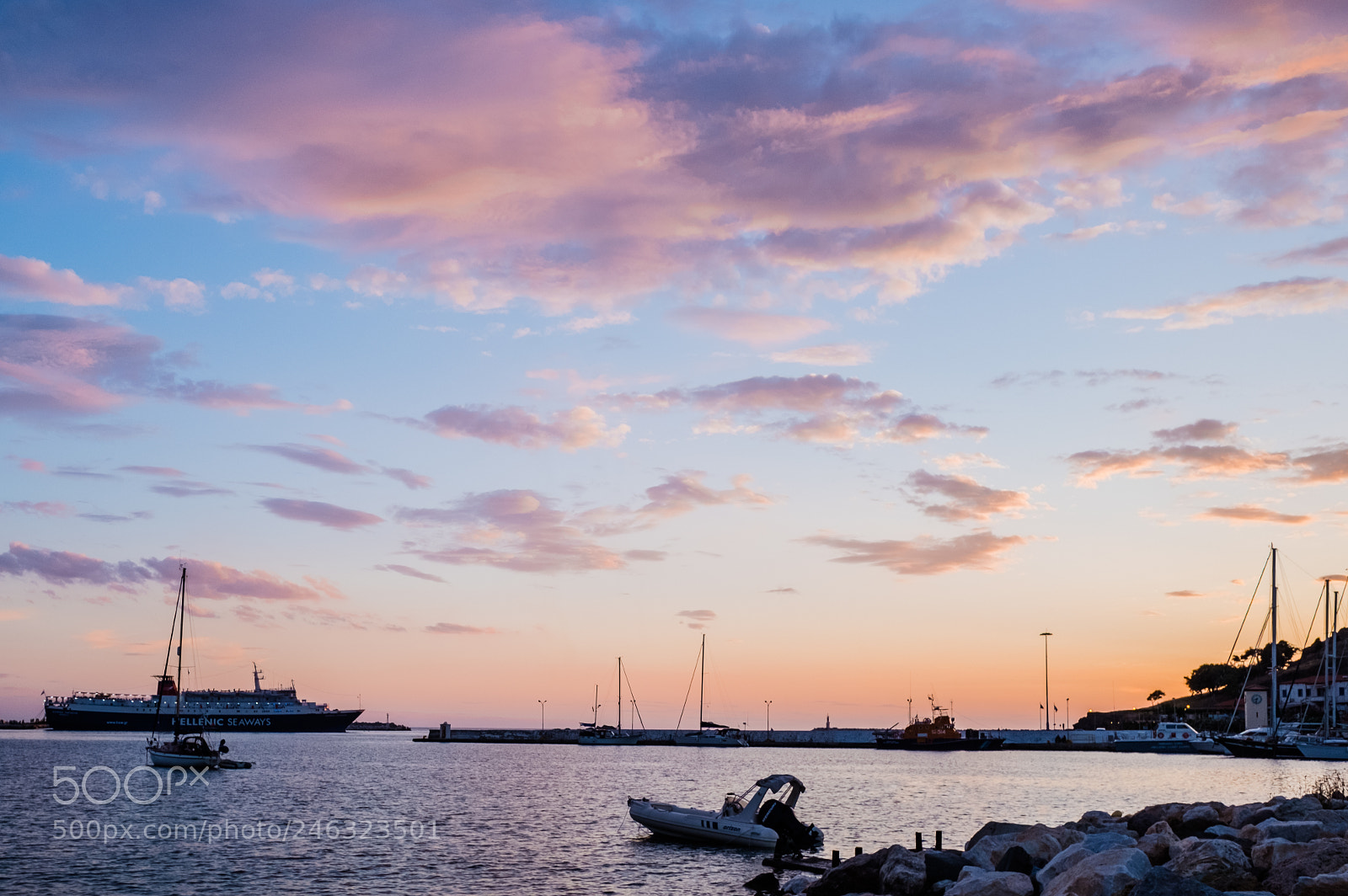 Fujifilm X70 sample photo. Sunset clouds myrina harbour photography