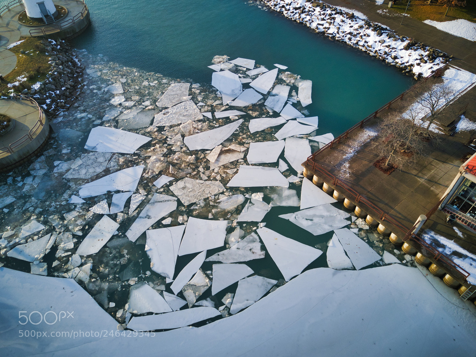 DJI FC220 sample photo. Detroit lighthouse broken ice photography