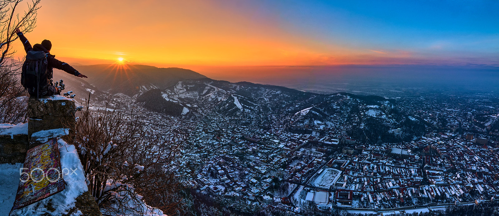 Tokina AT-X 16-28mm F2.8 Pro FX sample photo. A panoramic view of the city brasov at sunset above the mount tampa in the winter time photography
