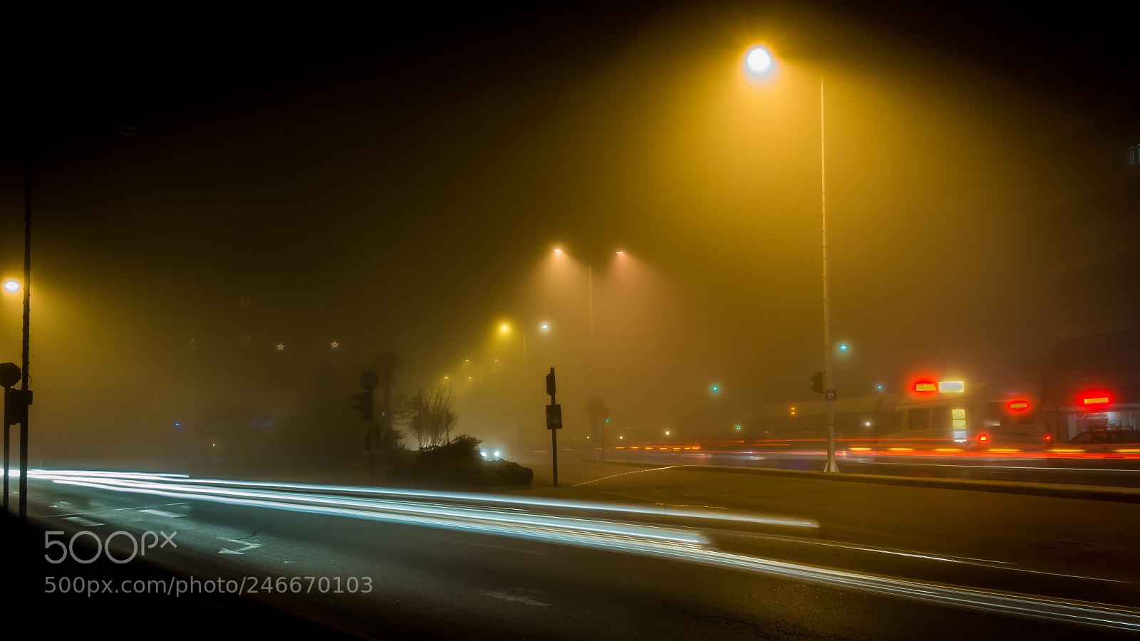 Samsung NX1000 sample photo. Lights trails in fog photography