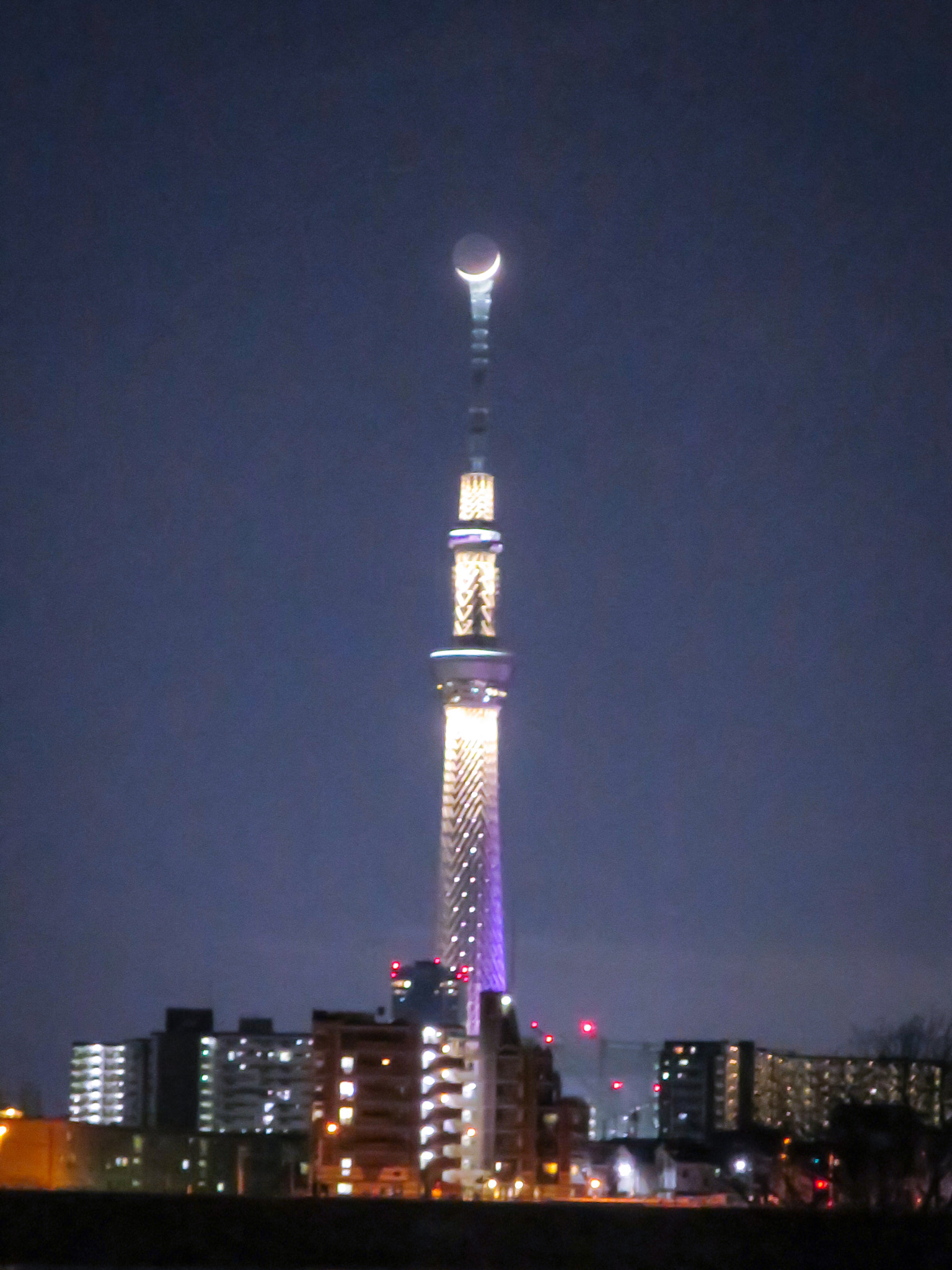 Canon PowerShot S120 sample photo. Crescent moon on tokyo skytree photography