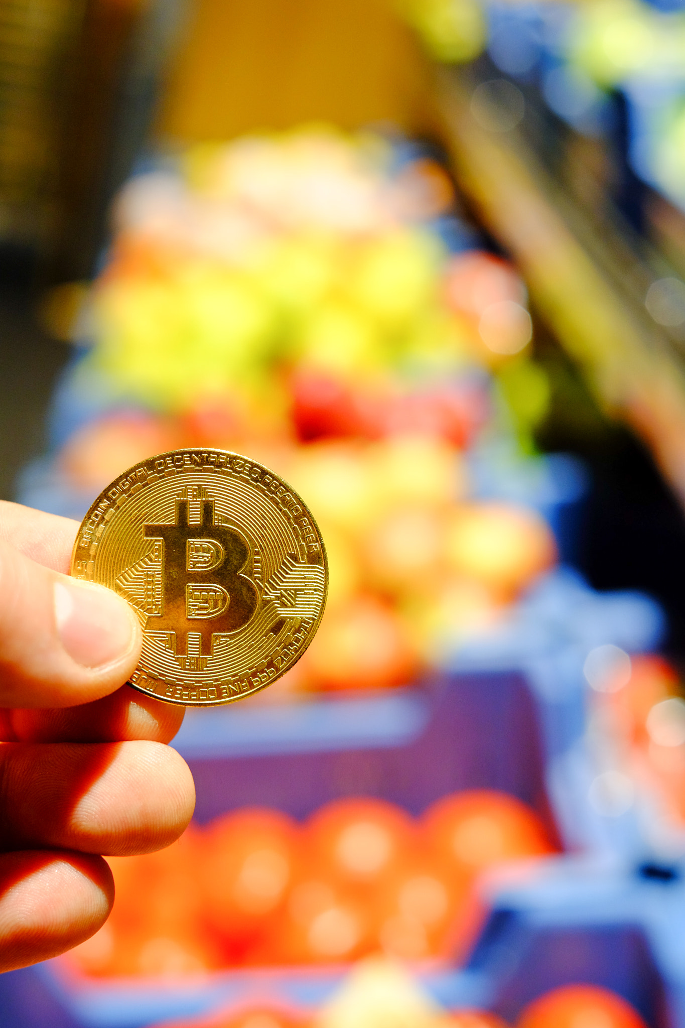 Bitcoin payment for food in a grocery store using cryptocurrency