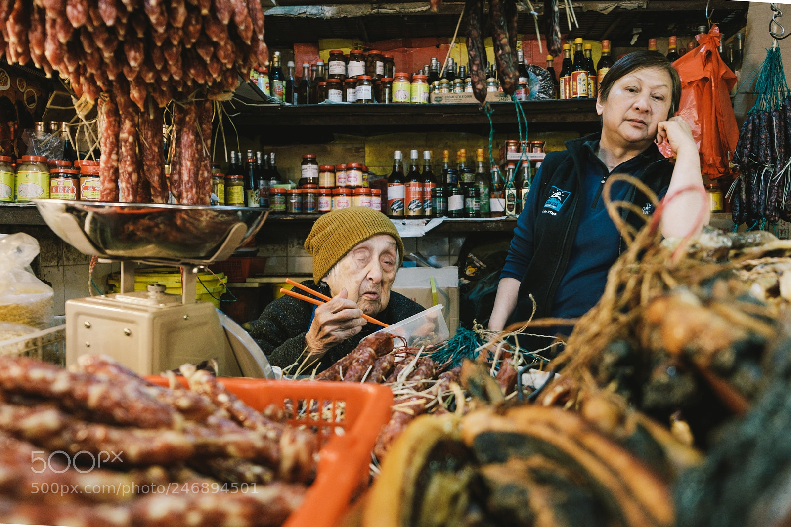 Fujifilm X-T2 sample photo. Chinese cured meat seller photography