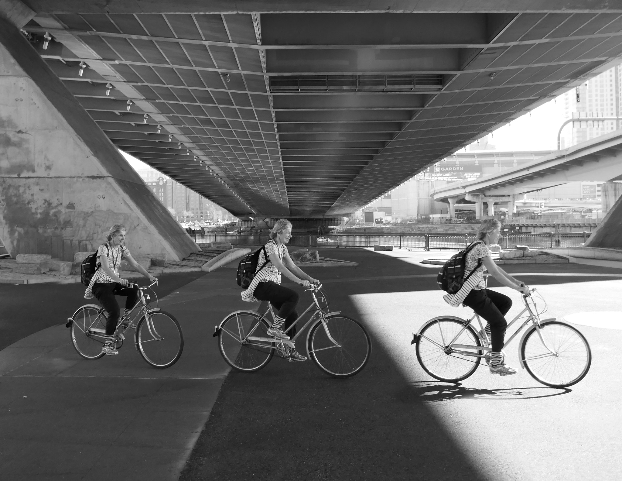 Panasonic Lumix DMC-ZS100 (Lumix DMC-TZ100) sample photo. Triplets go for a bicycle ride under the zakim bridge photography
