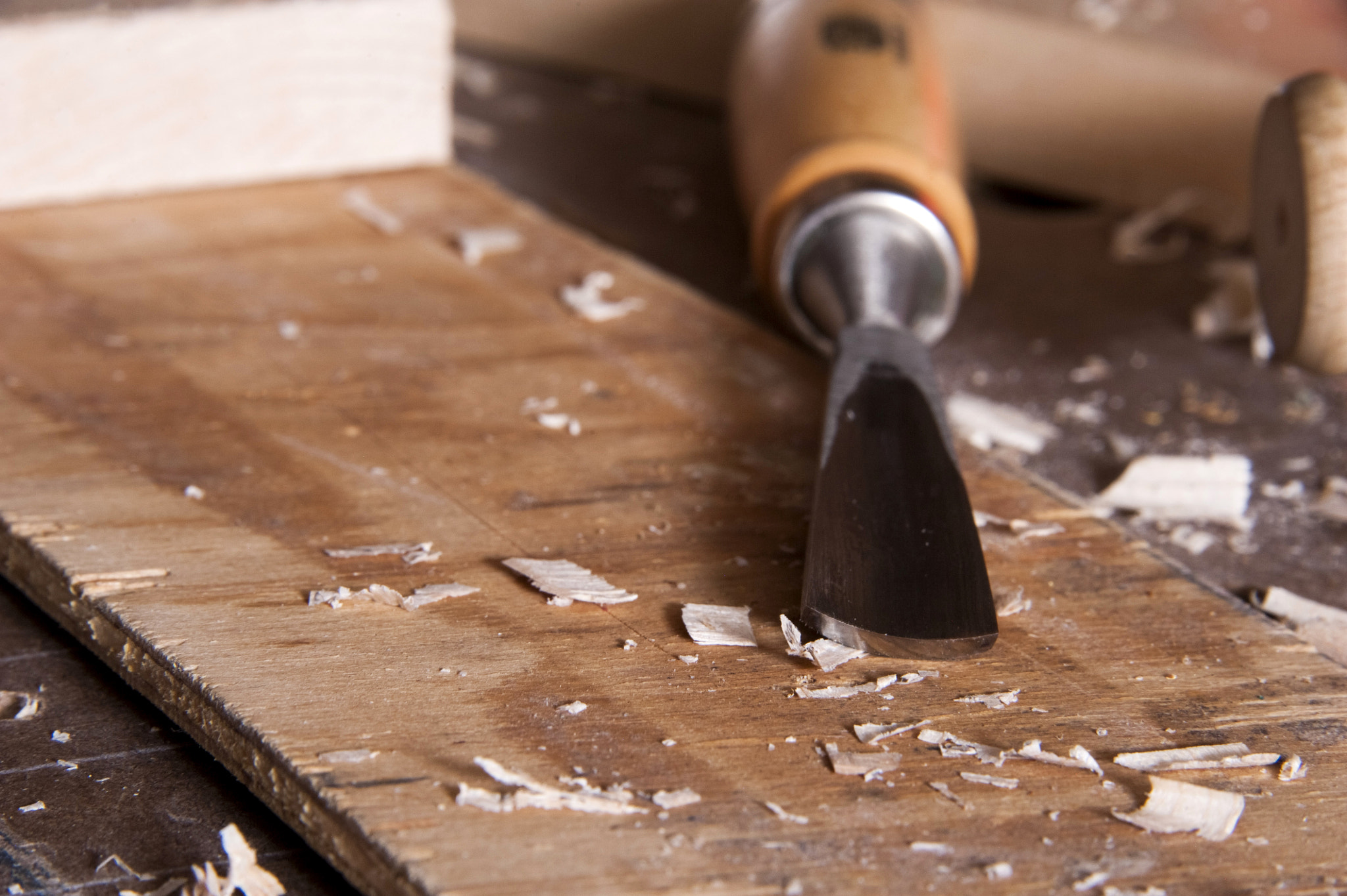 Carving chisel on workbench
