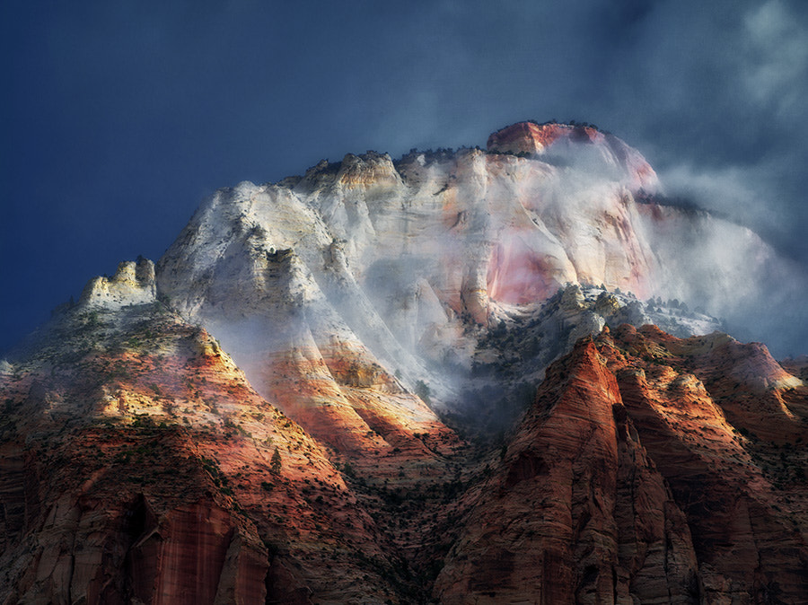 Pentax 645D sample photo. Sun peaking through storm clouds at east temple. zion national park, utah photography
