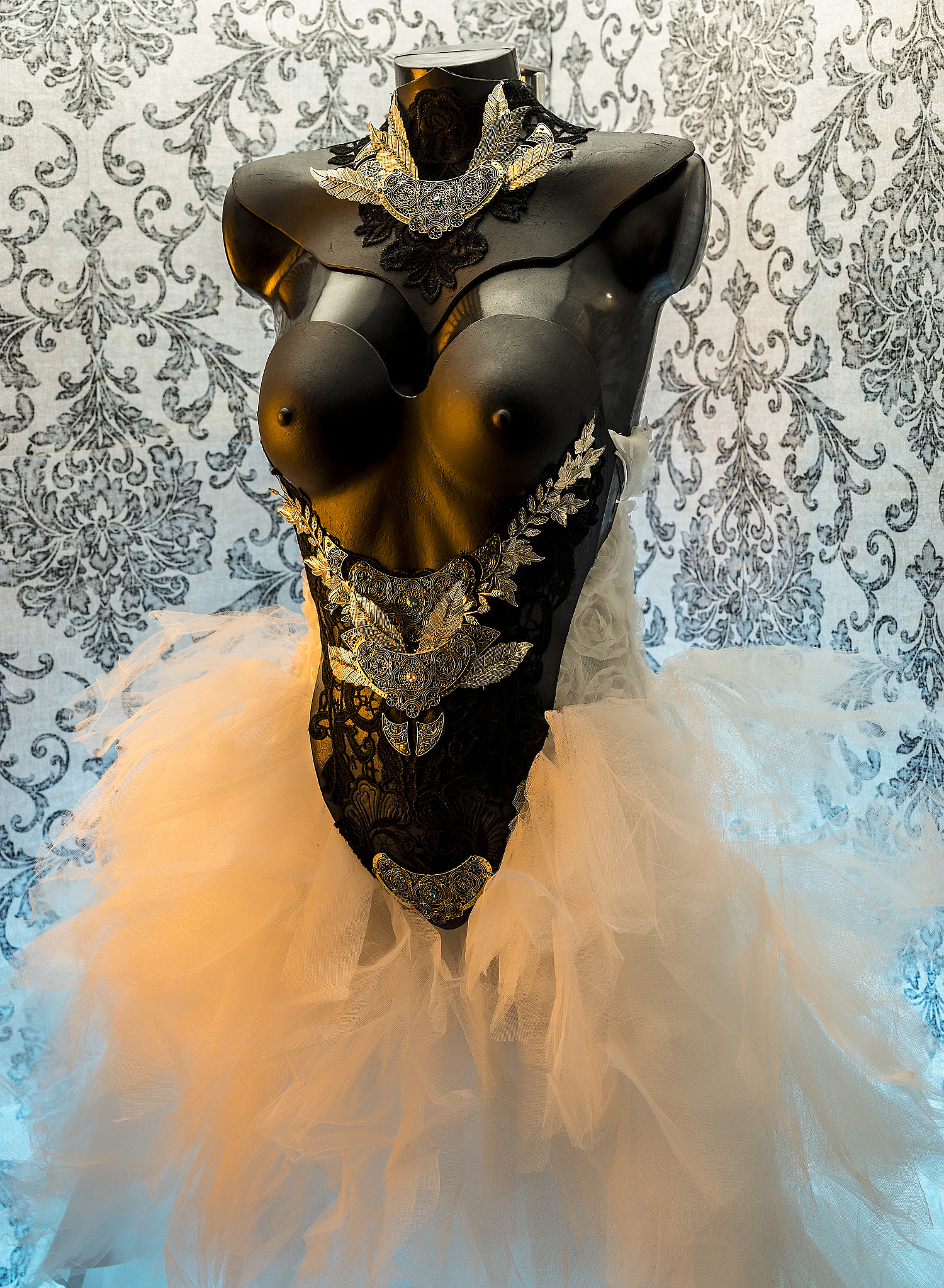 Wedding dress, gothic style handmade dress with black lace fabri