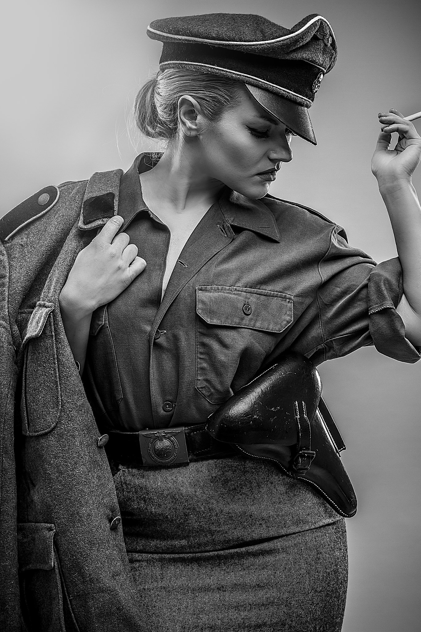 ww2, Beautiful blonde dressed in German uniform of Second World