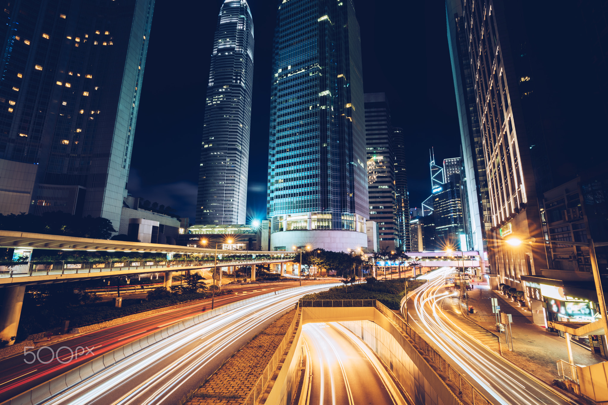 Night busy traffic in Hong Kong downtown city. Asia.