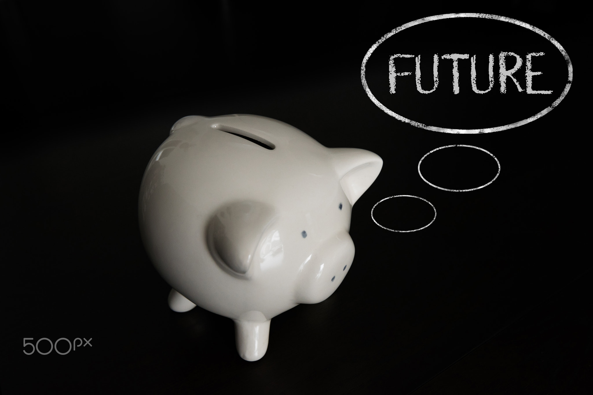 Piggy bank with thought bubbles, thinking FUTURE