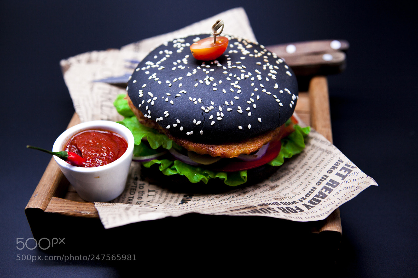 Canon EOS 5D Mark II sample photo. Juicy black fish burger photography