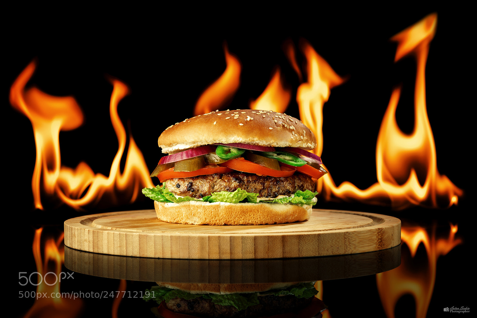 Sony a7R II sample photo. Hamburger with fire photography