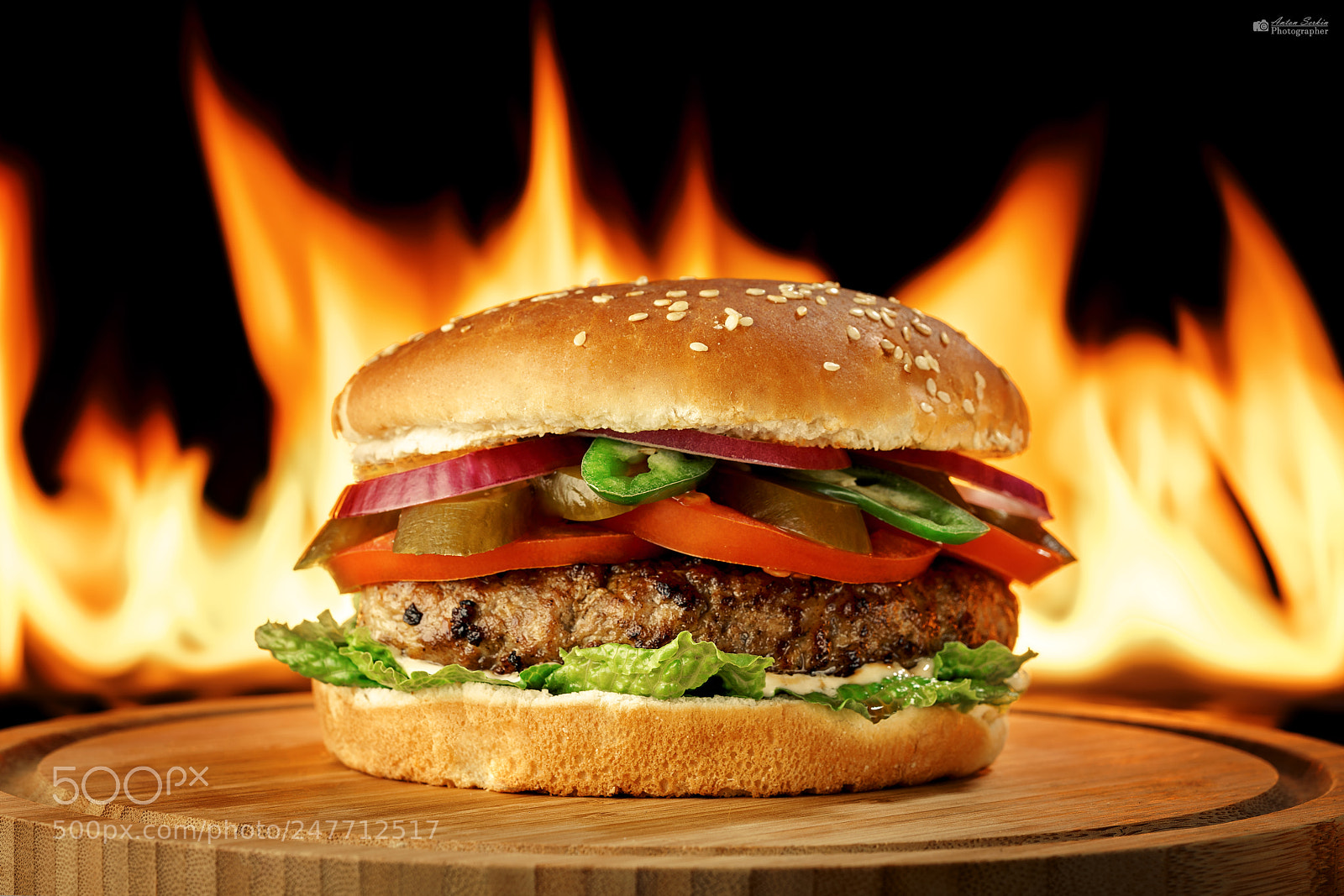 Sony a7R II sample photo. Hamburger with fire photography