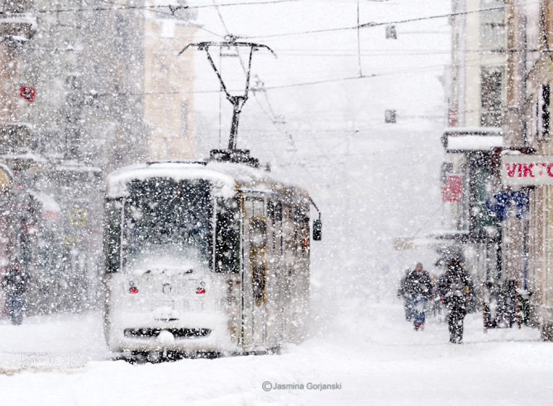 Olympus OM-D E-M1 Mark II sample photo. Tram in blizzard photography