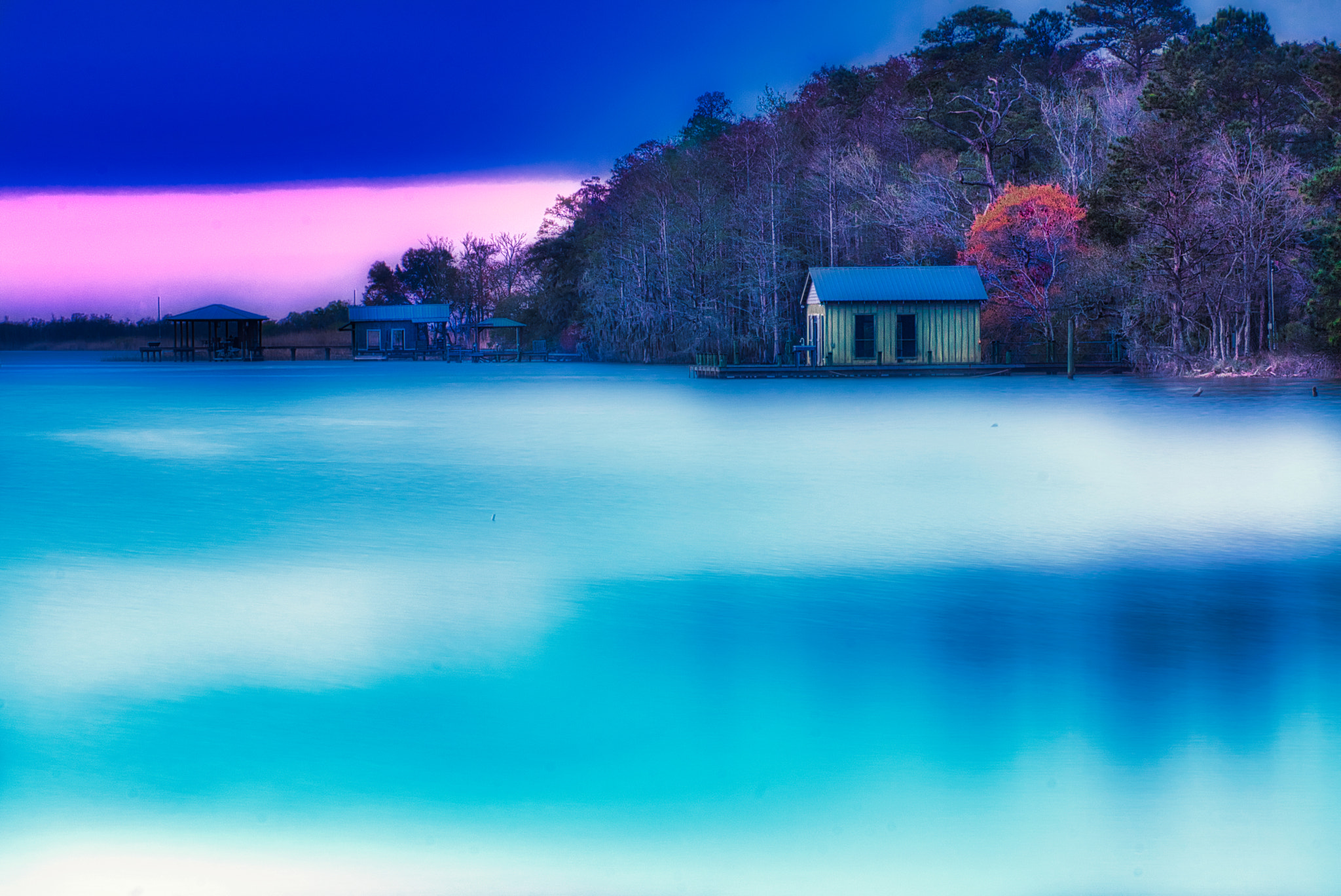 Sony 75-300mm F4.5-5.6 sample photo. Fishing shack in twilight on a cloudy day. photography