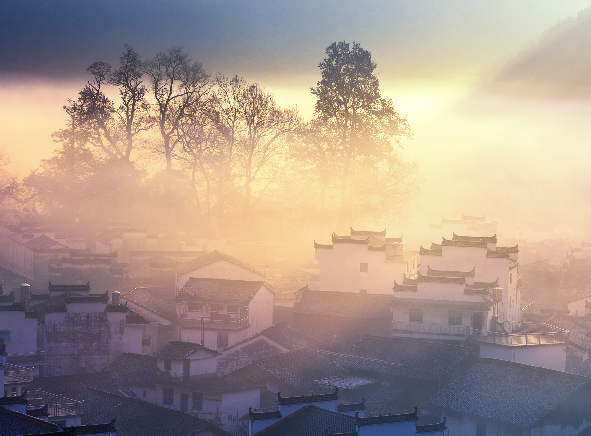 Phase One IQ260 sample photo. Morning fog cover stone village, china photography