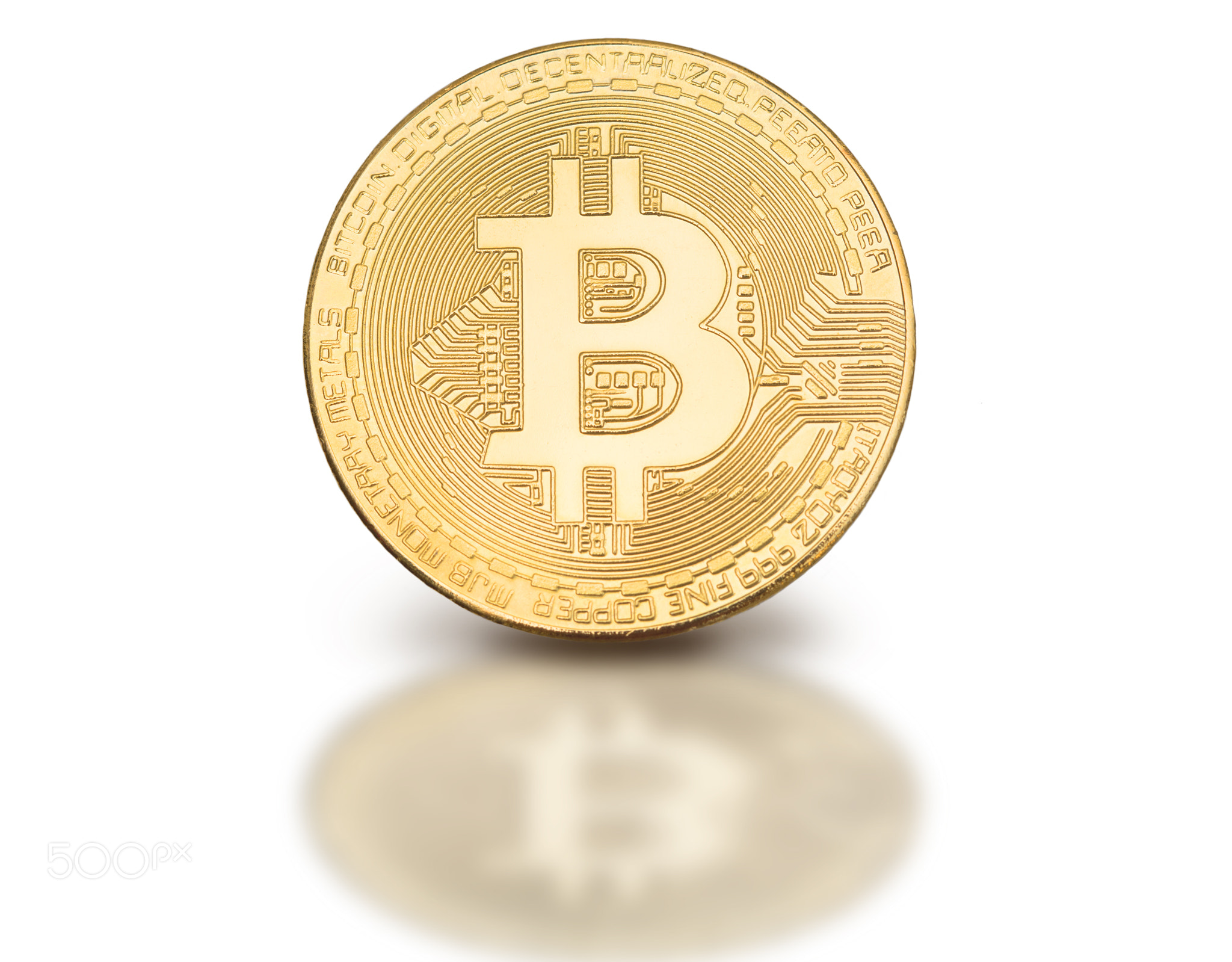 High res isolated bitcoin on a white background with a beautiful reflection