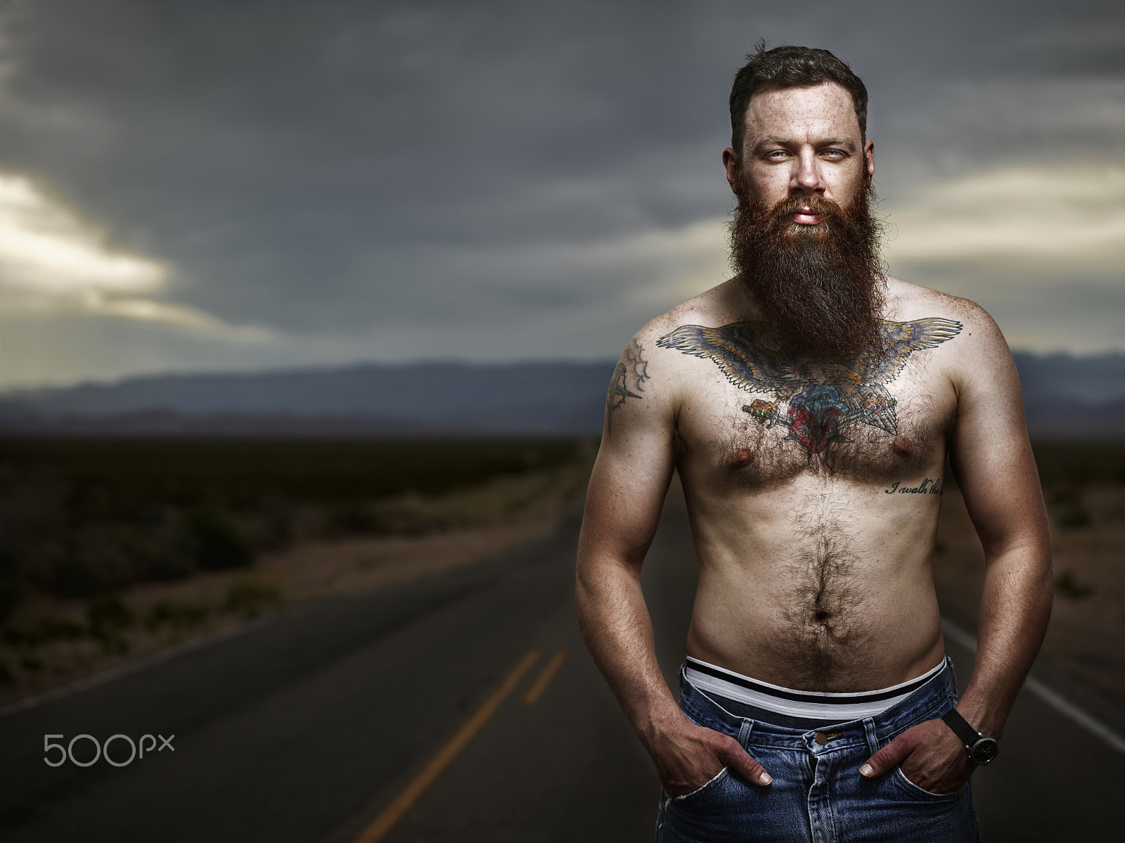 Phase One P65+ sample photo. Portrait of sexy bearded male hipster standing shirtless in nevada desert wearing only jeans and... photography