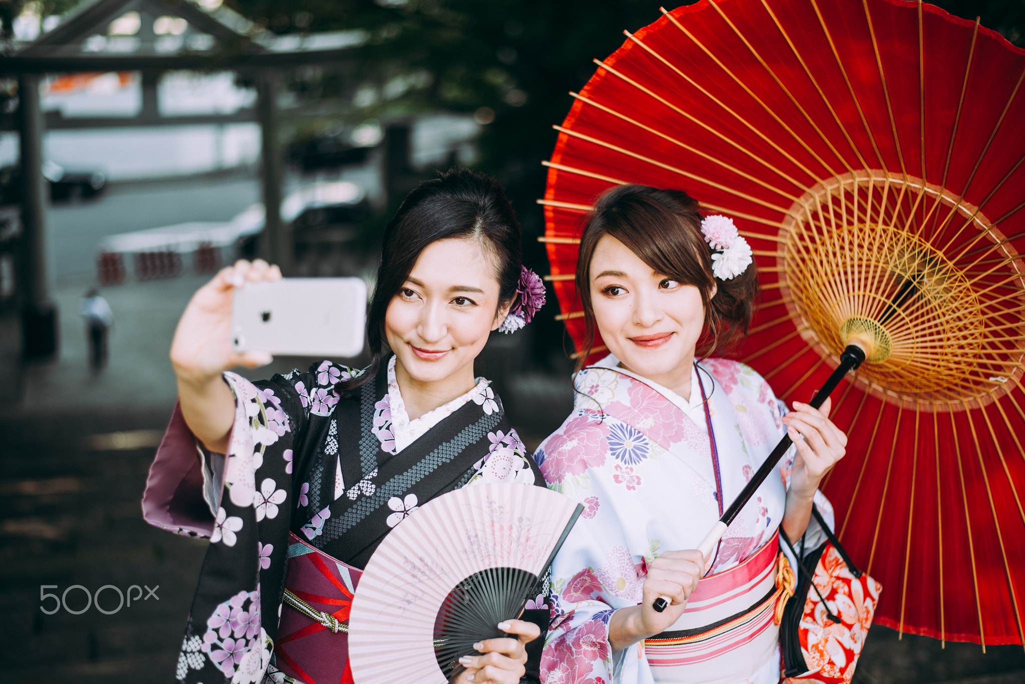 Two japanese girls wearing kimonos traditional clothes, lifestyl