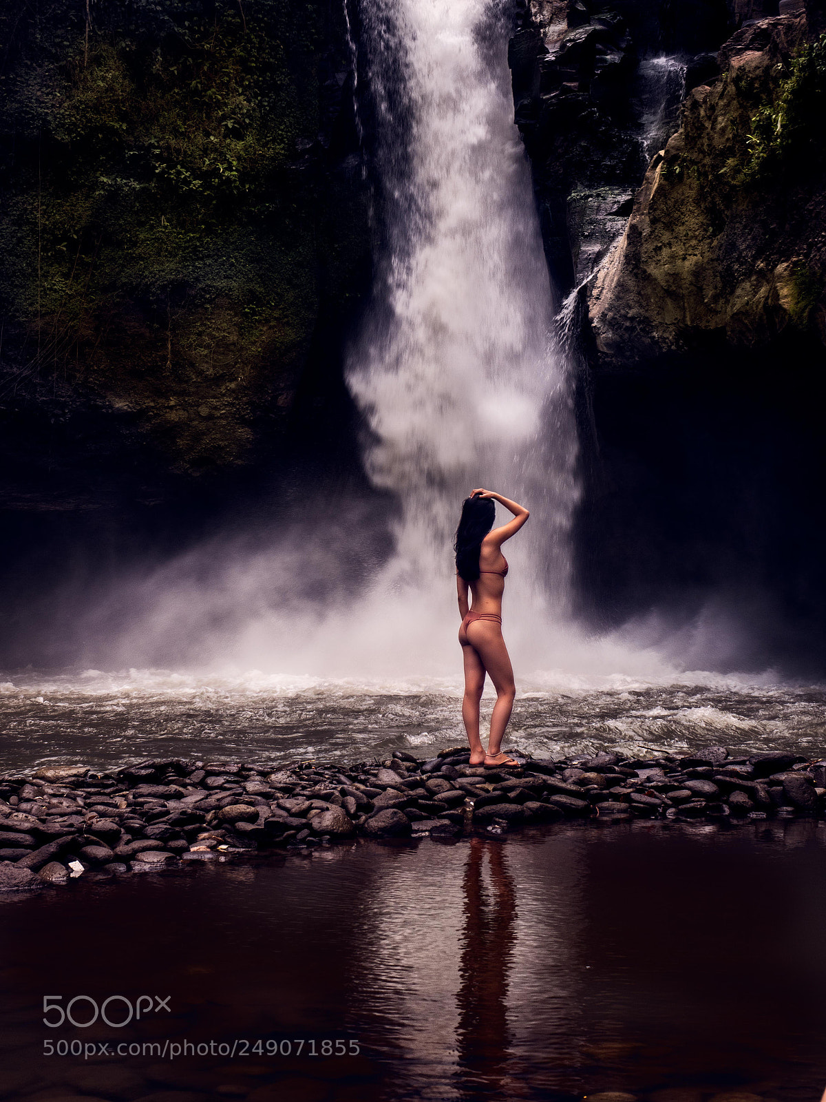 Olympus PEN-F sample photo. Model at watefall photography