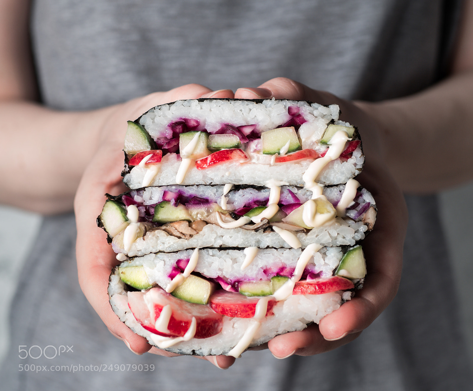 Olympus OM-D E-M5 II sample photo. Vegan onigirazu with tofu photography